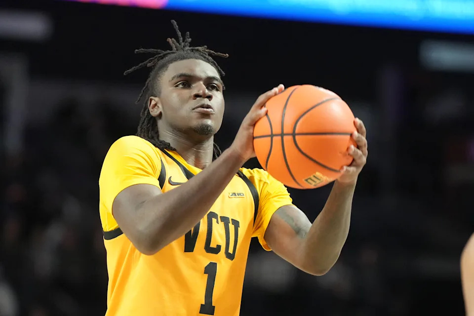 RICHMOND, VA - MARCH 03:  Nyk Lewis #1 of the VCU Rams takes a foul shot during a college basketball game against the George Mason Patriots at the Siegel Center on March 3, 2026 in Richmond, Virginia.  (Photo by Mitchell Layton/Getty Images)