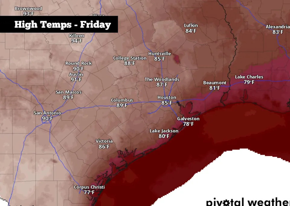 Afternoon temperatures on Friday could reach 90 degrees in San Antonio and the upper 80s across Texas. (Pivotal Weather)