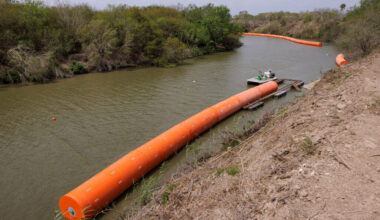 Border buoys are installed in the Rio Grande as it runs through Brownsville on March 6. Credit: Michael Gonzalez
