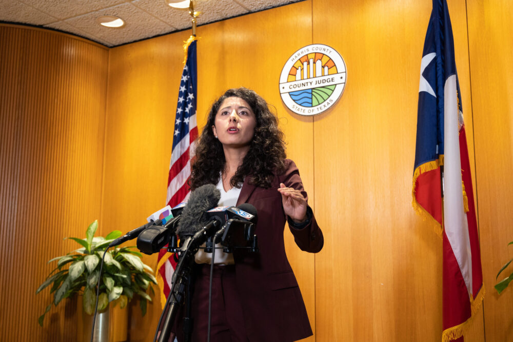 Harris County Judge Lina Hidalgo fields questions after unsealed court documents alleged that staff members in Hidalgo's office steered an $11 million contract for a COVID-19 outreach project to a preferred vendor. Taken on March 22, 2022.