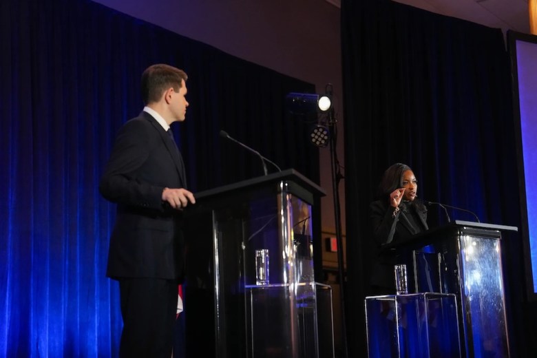 U.S. Rep. Jasmine Crockett, right, Democratic primary candidate for U.S. Senate, answers a question during a debate at the 2026 Texas AFL-CIO COPE Convention in Georgetown on Jan. 24, 2026. Her opponent, state Rep. James Talarico, looks on.