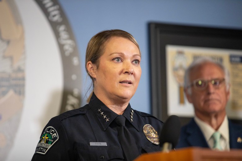Lisa Davis, chief of the Austin Police Department, speaks during a March 2, 2026 press conference about the mass shooting at Buford’s Bar that left three people dead and 14 others injured in downtown Austin on March 1, 2026.