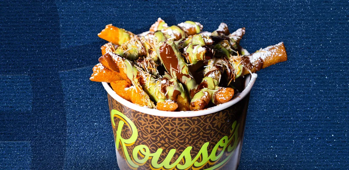 Dubai Chocolate Funnel Cake Fries from Rousso's at the Houston Livestock Show & Rodeo