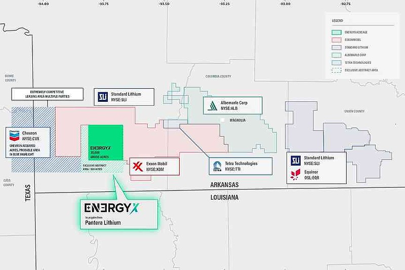 This map released by EnergyX on Wednesday, July 9, 2025, shows various lithium extraction companies' land lease acquisitions in Southwest Arkansas and Northeast Texas. (Courtesy of EnergyX)