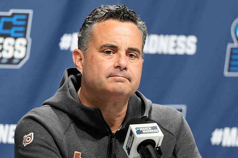 Texas head coach Sean Miller speaks during a news conference prior to the second round of the NCAA college basketball tournament Friday, March 20, 2026, in Portland, Ore. (AP Photo/Jenny Kane)