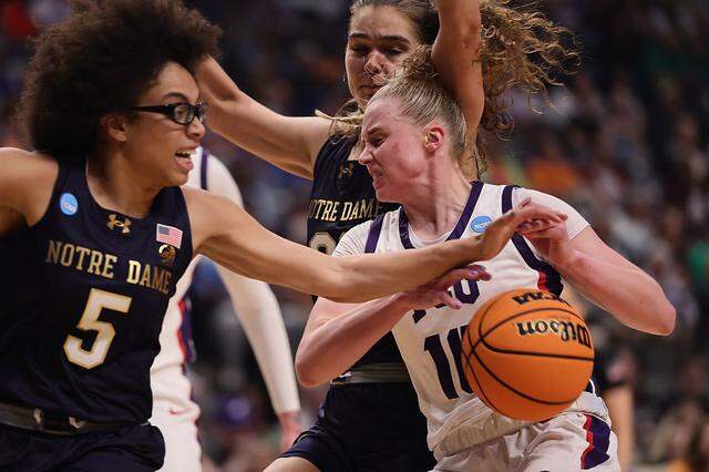 BIRMINGHAM, ALABAMA - MARCH 29: Hailey Van Lith #10 of the TCU Horned Frogs drives to the basket against Olivia Miles #5 of the Notre Dame Fighting Irish during the second half in the Sweet Sixteen round of the NCAA Women's Basketball Tournament at Legacy Arena at the BJCC on March 29, 2025 in Birmingham, Alabama. (Photo by Carmen Mandato/Getty Images)