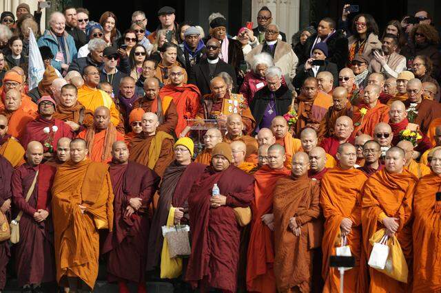 WASHINGTON, DC - FEBRUARY 10: Venerable Bhikkhu Pannakara speaks during an interfaith ceremony after the monks arrived at the Washington National Cathedral on February 10, 2026 in Washington, DC. A group of 18 monks began a 2,300-mile march on October 26 in Fort Worth, Texas, to raise awareness of “peace, loving kindness and compassion” in the United States and the world. (Photo by Alex Wong/Getty Images)