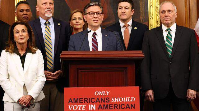 WASHINGTON, DC - FEBRUARY 11: U.S. House Speaker Mike Johnson (R-LA) speaks during a news conference on February 11, 2026 at the U.S. Capitol in Washington, DC. Speaker Johnson was joined by House Majority Leader Steve Scalise (R-LA), House Republican Conference Chairwoman Lisa McClain (R-MI), House Administration Committee Chairman Rep. Bryan Steil (R-WI), Rep. Chip Roy (R-TX), and House Majority Whip Tom Emmer (R-MN) as well as other Republican members of Congress to speak about the passage of the SAVE America Act, an election bill backed by President Donald Trump that would require proof of citizenship to register to vote and require photo identification at the ballot box. (Photo by Michael M. Santiago/Getty Images)
