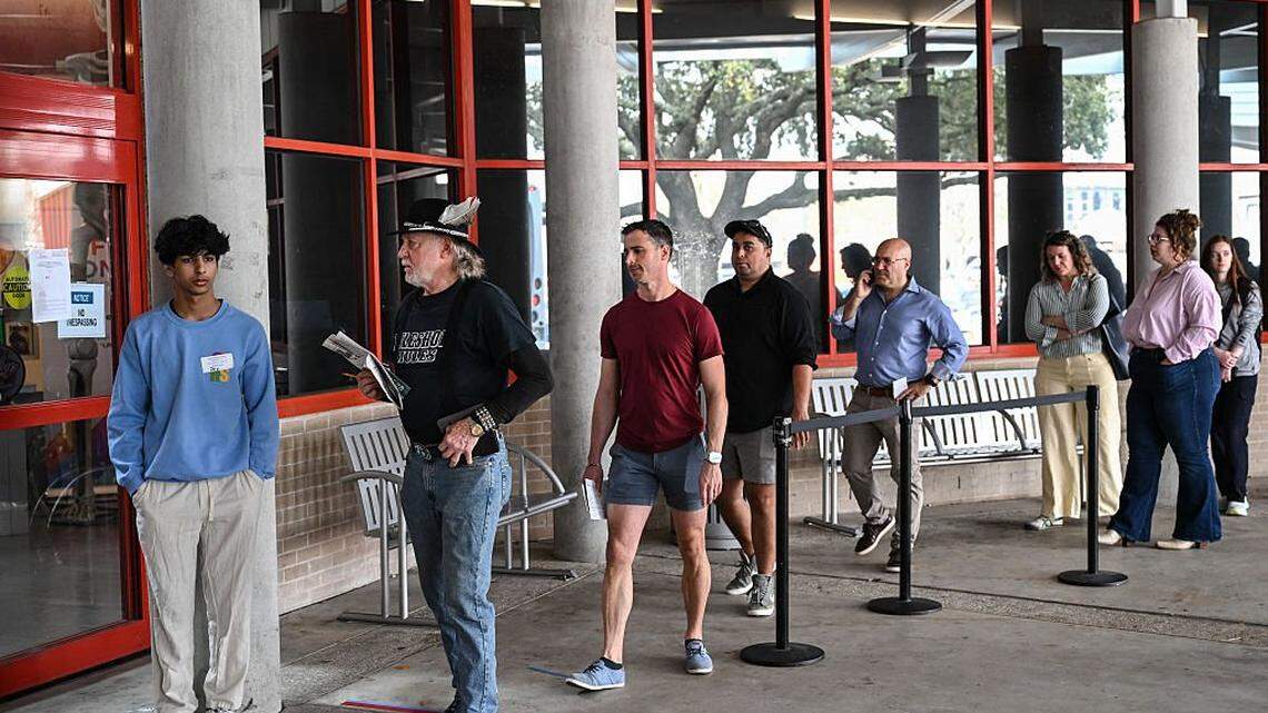 People line up to vote on Election Day at a polling location at West Gray Metropolitan Multi-Service Center in Houston, Texas, on March 3, 2026. Americans cast the first ballots of the primary season on Tuesday, kicking off a midterm cycle that could redraw the political map in Washington -- and shape how Donald Trump spends the remainder of his presidency. Texas anchors the opening slate, with voters in the second-largest state selecting their candidates in high-profile Senate primaries, offering an early test of how both parties position themselves for Trump's final two years. (Photo by RONALDO SCHEMIDT / AFP via Getty Images)
