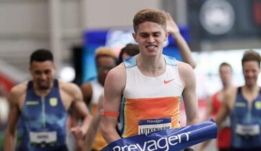 NEW YORK, NEW YORK - MARCH 01: Cooper Lutkenhaus reacts after crossing the finish line in the Men's 800m during the 2026 USATF Indoor Championships at Ocean Breeze Athletic Complex on March 1, 2026 in the Staten Island borough of New York City. (Photo by Ishika Samant/Getty Images)