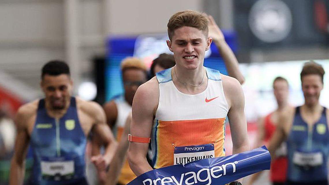 NEW YORK, NEW YORK - MARCH 01: Cooper Lutkenhaus reacts after crossing the finish line in the Men's 800m during the 2026 USATF Indoor Championships at Ocean Breeze Athletic Complex on March 1, 2026 in the Staten Island borough of New York City. (Photo by Ishika Samant/Getty Images)
