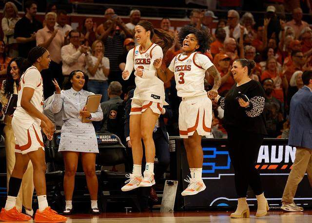 AUSTIN, TEXAS - MARCH 20: Rori Harmon #3 of the Texas Longhorns celebrates with Sarah Graves #6 at the end of the game of a first-round NCAA women's basketball tournament game at Moody Center on March 20, 2026 in Austin, Texas. (Photo by Ronald Cortes/Getty Images)