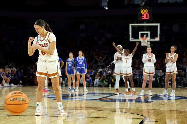 FORT WORTH, TEXAS - MARCH 28: Sarah Graves #6 of the Texas Longhorns celebrates after making a technical free throw against the Kentucky Wildcats during the fourth quarter in the Sweet Sixteen of the 2026 NCAA Women's Basketball Tournament at Dickies Arena on March 28, 2026 in Fort Worth, Texas. (Photo by Elsa/Getty Images)