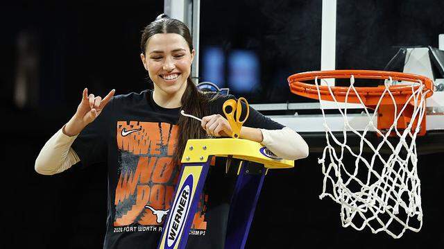 FORT WORTH, TEXAS - MARCH 30: Sarah Graves #6 of the Texas Longhorns cuts down the net after beating the Michigan Wolverines 77-41 in the Elite Eight of the 2026 NCAA Women's Basketball Tournament at Dickies Arena on March 30, 2026 in Fort Worth, Texas. (Photo by Stacy Revere/Getty Images)