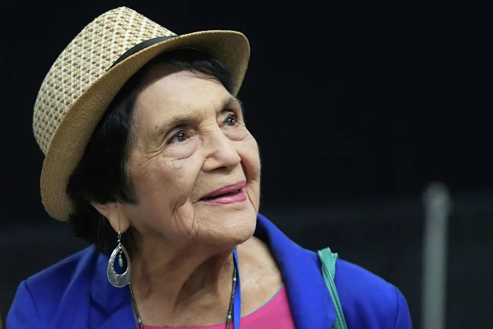 FILE - Dolores Huerta, the labor leader, civil rights activist and co-founder of the National Farm Workers Association, is seen at the California Democratic Party's 2025 State Convention at the Anaheim Convention Center in Anaheim, Calif., May 31, 2025. (AP Photo/Damian Dovarganes, File) (Damian Dovarganes/AP)