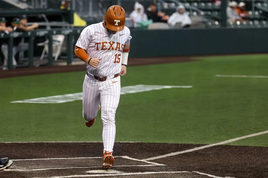AUSTIN, TX – MARCH 07: Infielder Josh Livingston #15 of the Texas Longhorns scores a run on a batter being walked during the college baseball game between Texas Longhorns and USC Upstate Spartans on March 7, 2026, at UFCU Disch-Falk Field in Austin, TX. (Photo by David Buono/Icon Sportswire via Getty Images)