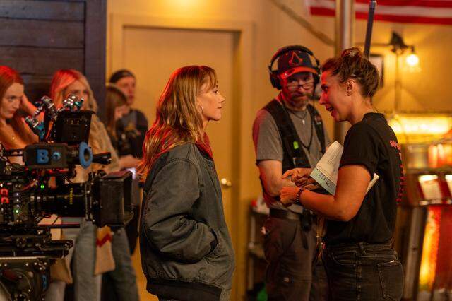 (From left) Maika Monroe and director Vanessa Caswill on the set of “Reminders of Him.”