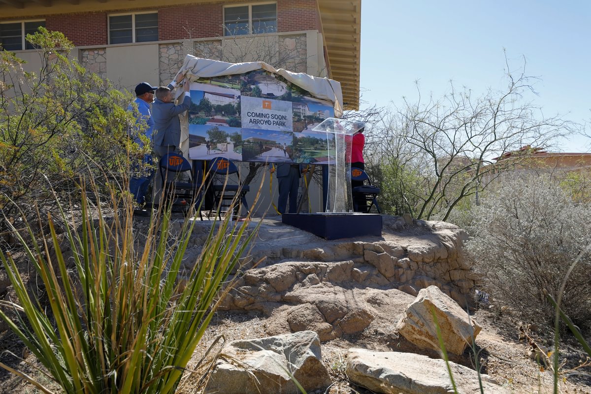 Students at The University of Texas at El Paso will soon be able to study, socialize and relax in a beautiful natural park located at the center of campus. Today UTEP President Heather Wilson unveiled plans for the arroyo, including a large pavilion and gathering area that offers seating and shade; a bridge that spans across the arroyo, connecting Texas Western Hall to the Union; installation of an owl sculpture from the home of artist Tom Lea; and terraced lawns and a tree grove outside of newly completed Texas Western Hall. 