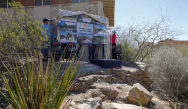 Students at The University of Texas at El Paso will soon be able to study, socialize and relax in a beautiful natural park located at the center of campus. Today UTEP President Heather Wilson unveiled plans for the arroyo, including a large pavilion and gathering area that offers seating and shade; a bridge that spans across the arroyo, connecting Texas Western Hall to the Union; installation of an owl sculpture from the home of artist Tom Lea; and terraced lawns and a tree grove outside of newly completed Texas Western Hall.
