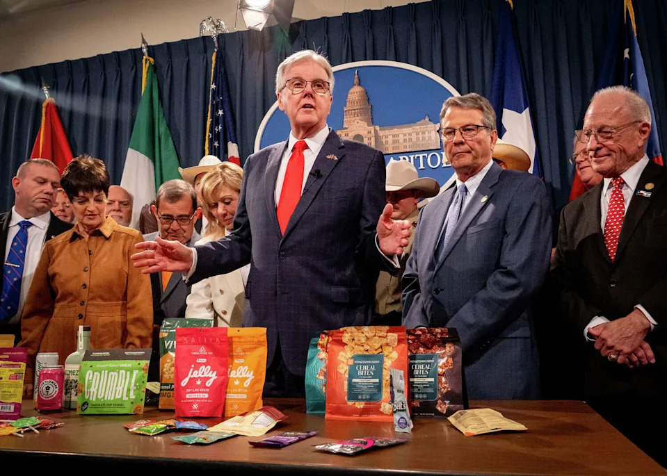 AUSTIN, TX - MAY 27: Lt. Gov. Dan Patrick displays a range of intoxicating THC products available in Texas to illustrate his concerns that seemingly harmless snacks and drinks pose a danger to public health among children and adults. He urged reporters during a news conference to take this story seriously, as Senate Bill 3, which bans all THC products and has been sent to Gov. Greg Abbott's office, May 28, 2025. (Sara Diggins/Austin American-Statesman via Getty Images) (Austin American-Statesman/Hearst/Houston Chronicle via Getty Imag)