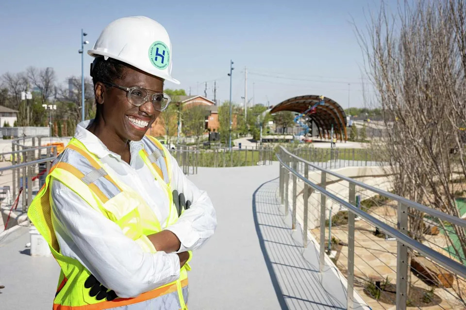 April Allen, president and CEO of the Southern Gateway Public Green Foundation, talks about various projects throughout the deck park on Tuesday, March 24, 2026, in Dallas. (Angela Piazza/Staff Photographer)