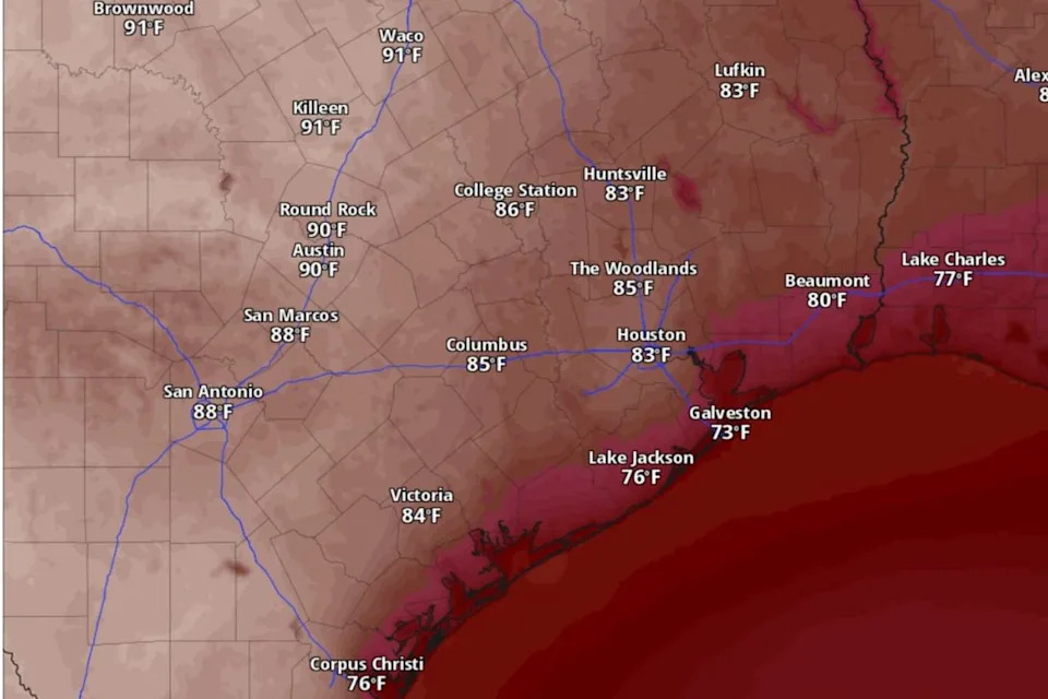 Austin temperatures could reach 90 degrees by 4 p.m. Friday, according to the National Blend of Models, a composite weather forecast model. (National Blend of Models/Pivotal Weather)