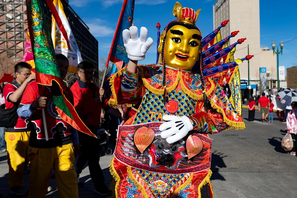 A performer dressed as a traditional Chinese deity walks during a cultural procession for El Paso’s Lunar New Year celebration on Saturday, Feb. 28, 2026, in El Paso.