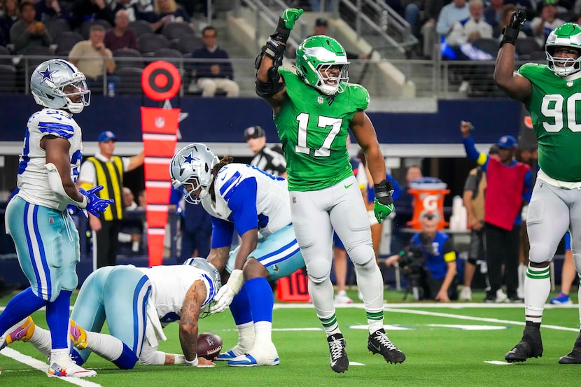 Philadelphia Eagles linebacker Nakobe Dean (17)  celebrates after sacking Dallas Cowboys...
