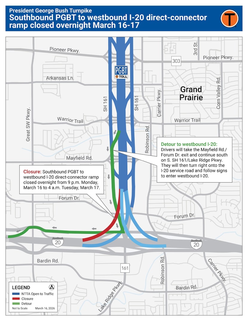 The direct connector ramp from southbound PGBT to westbound Interstate 20 will close Monday...
