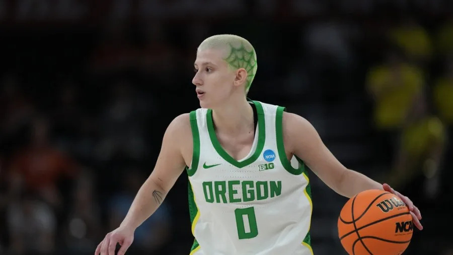 Oregon guard Astera Tuhina (0) during the first half in the first round of the NCAA college basketball tournament game against Virginia Tech, Friday, March 20, 2026. (AP Photo/Eric Gay)