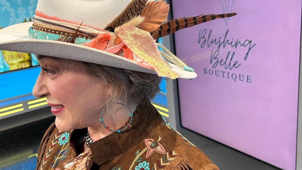 “Denise is showing off a very rodeo-ready look,” Carney said. “We just got dresses in from Ali Falcon—hand-drawn and printed onto the fabric. We paired it with a stunning Scully jacket with beautiful beading and bright colors. Accessories like Allie Falcon Twilley , Navajo turquoise jewelry, Charlie 1 Horse felt hats, and Lucchese boots complete the look.”
