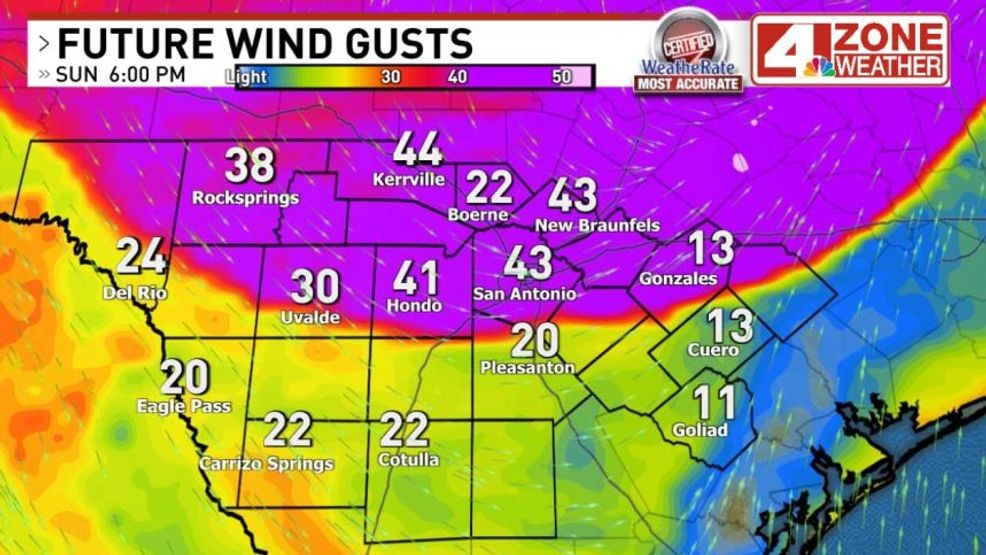 Gusty winds moving in with cold front 6PM Sunday