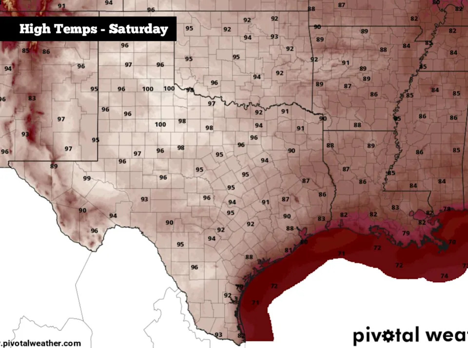 Shown are the expected peak daytime temperatures across Texas on Saturday. Parts of West Texas could hit 100 degrees. (Pivotal Weather)