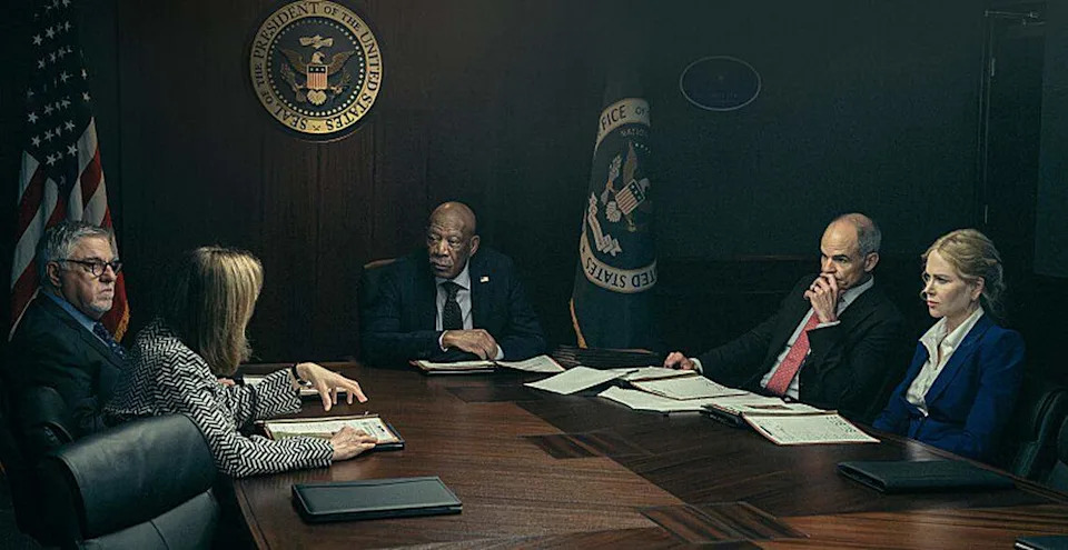 L-R Bruce McGill as NSA Chief Damian Hollar, Jennifer Ehle as Chief of Staff Mason, Morgan Freeman as Secretary of State Mullins, Michael Kelly as Bryon Westfield and Nicole Kidman as Kaitlyn Meade in “Lioness”, episode 1, season 2, streaming on Paramount+, 2024.