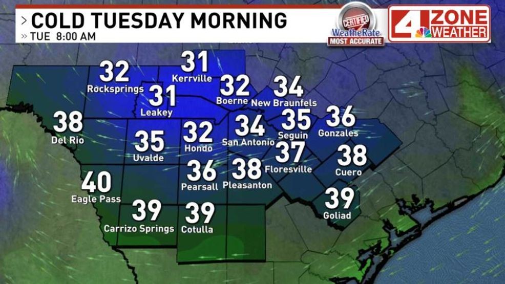 Forecast low temperatures Tuesday morning