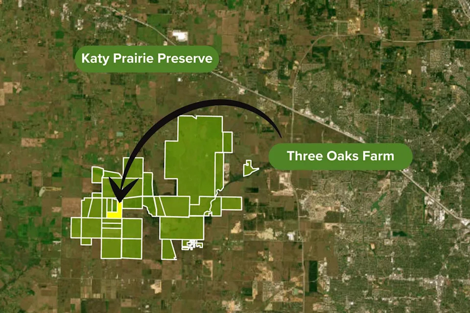 A map shows the Katy Prairie Preserve west of Houston, where newly protected land fills a key gap in the landscape. ( Coastal Prairie Conservancy)