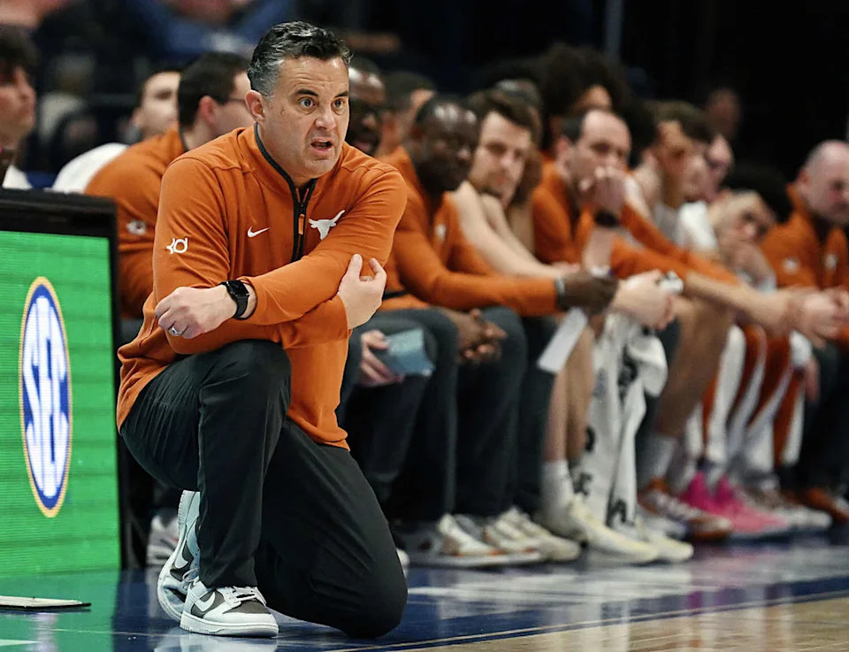 Texas coach Sean Miller looks on during the first half against the Ole Miss Rebels in the first round of the 2026 SEC Men's Basketball Tournament at Bridgestone Arena on March 11, 2026 in Nashville, Tenn. (Photo by Carly Mackler/Getty Images) (Carly Mackler/Getty Images)