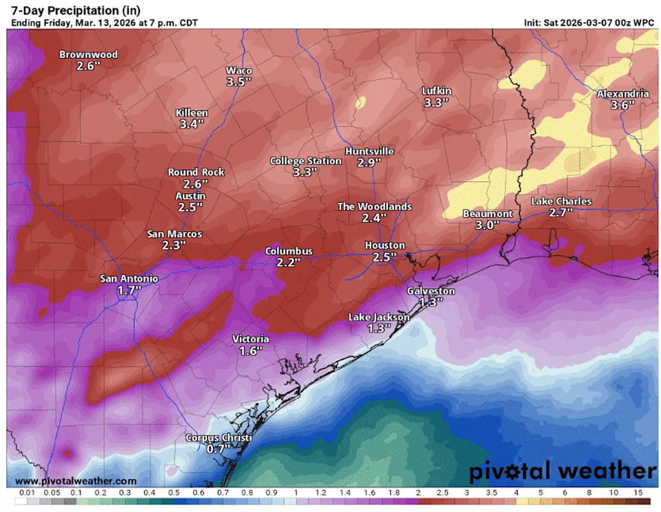 Rain and thunderstorm chances in Central Texas will continue each day through next Thursday, with rainfall totals expected to exceed 2 to 3 inches in some areas. (Pivotal)