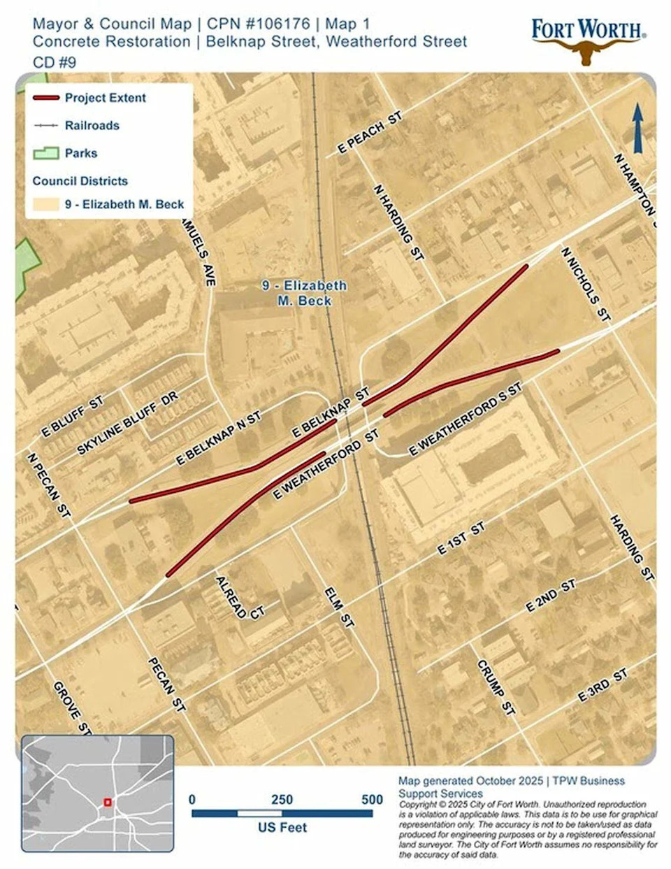 Lane closures and traffic delays are expected along East Weatherford Street and East Belknap Street between Pecan Street and Nichols Street as construction runs from March 30 through July 31, 2026, with a pause during the FIFA World Cup.