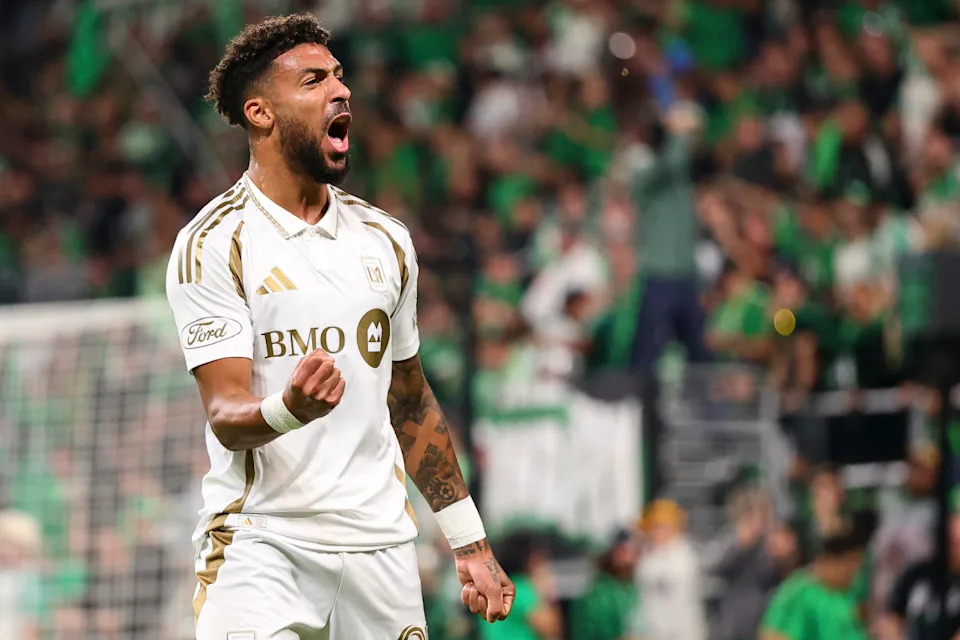 Denis Bouanga #99 of the Los Angeles FC celebrates scoring his team's second goal in a playoff match against Austin FC at Q2 Stadium on November 2, 2025 in Austin, Texas. (Photo by Daniel Jefferson/Getty Images)Photo by Daniel Jefferson&sol;Getty Images