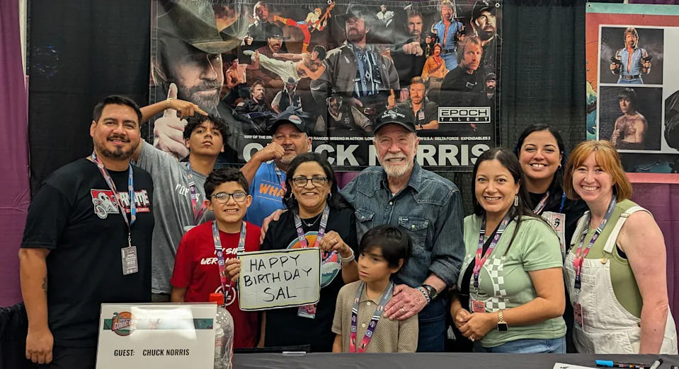Daniel Benavides (left), co-founder of Corpus Christi Comic-Con, and his family and friends with action star Chuck Norris at Corpus Christi Comic Con in July 2024.