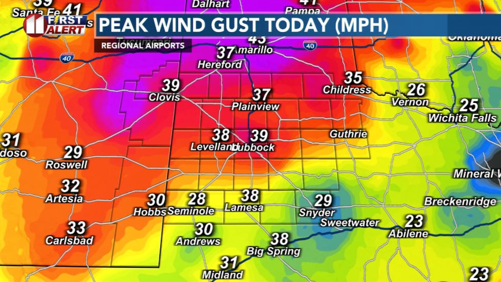 Peak winds recorded at regional airports Thursday afternoon.