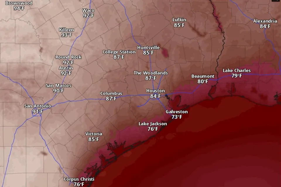 Houston temperatures Saturday will be solidly in the 80s by 4 p.m., according to the National Blend of Models, a composite weather forecast model. (National Blend of Models/Pivotal Weather)