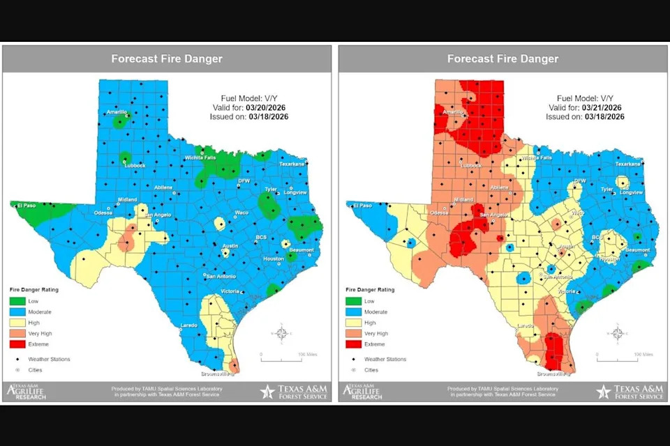 The Texas A&M Forest Service has placed much of the state under a moderate fire danger on Friday, but areas along and east of the Interstate 35 corridor, including the Austin metro area and the Hill Country, will be under a high risk of fire danger Saturday. (Texas A&M Forest Service)