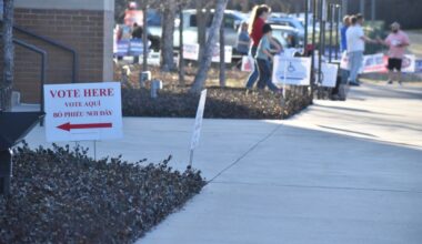 Tarrant County voters walk outside of a polling place for the March 3 primary election.