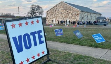 Voters queue outside of the PACE Gym in Pflugerville an hour before polls close on election day in Pflugerville. (Brooke Sjoberg/Community Impact)