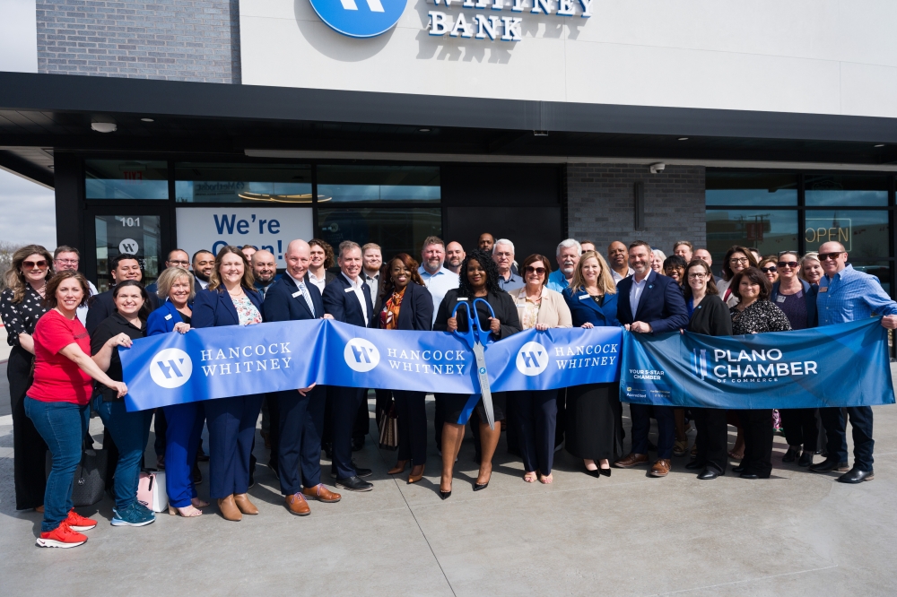 Hancock Whitney's new bank branch in Plano is located across the street from Methodist Richardson Hospital. The company held a ribbon cutting ceremony on March 3. (Courtesy Hancock Whitney)