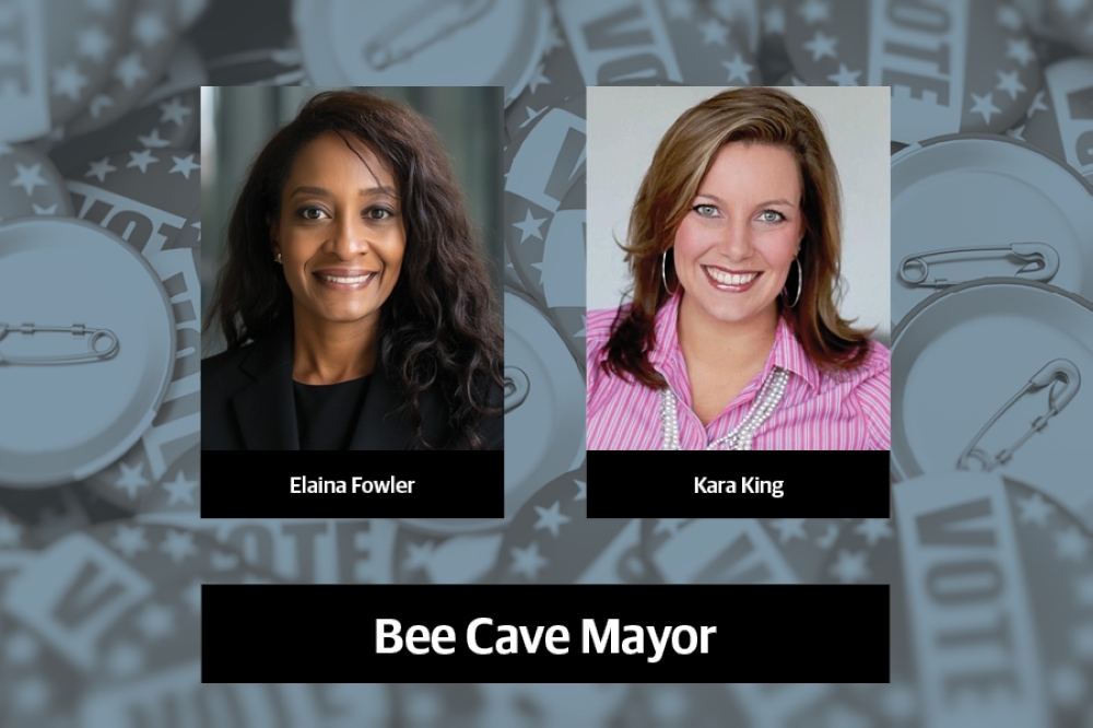 two women on grey election button background with "bee cave mayor" header