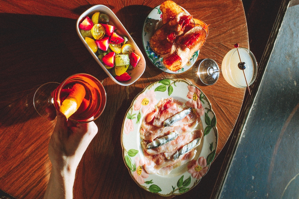 A plate with food and drinks