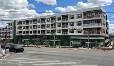 The front of a hotel/multifamily housing development off South Lamar